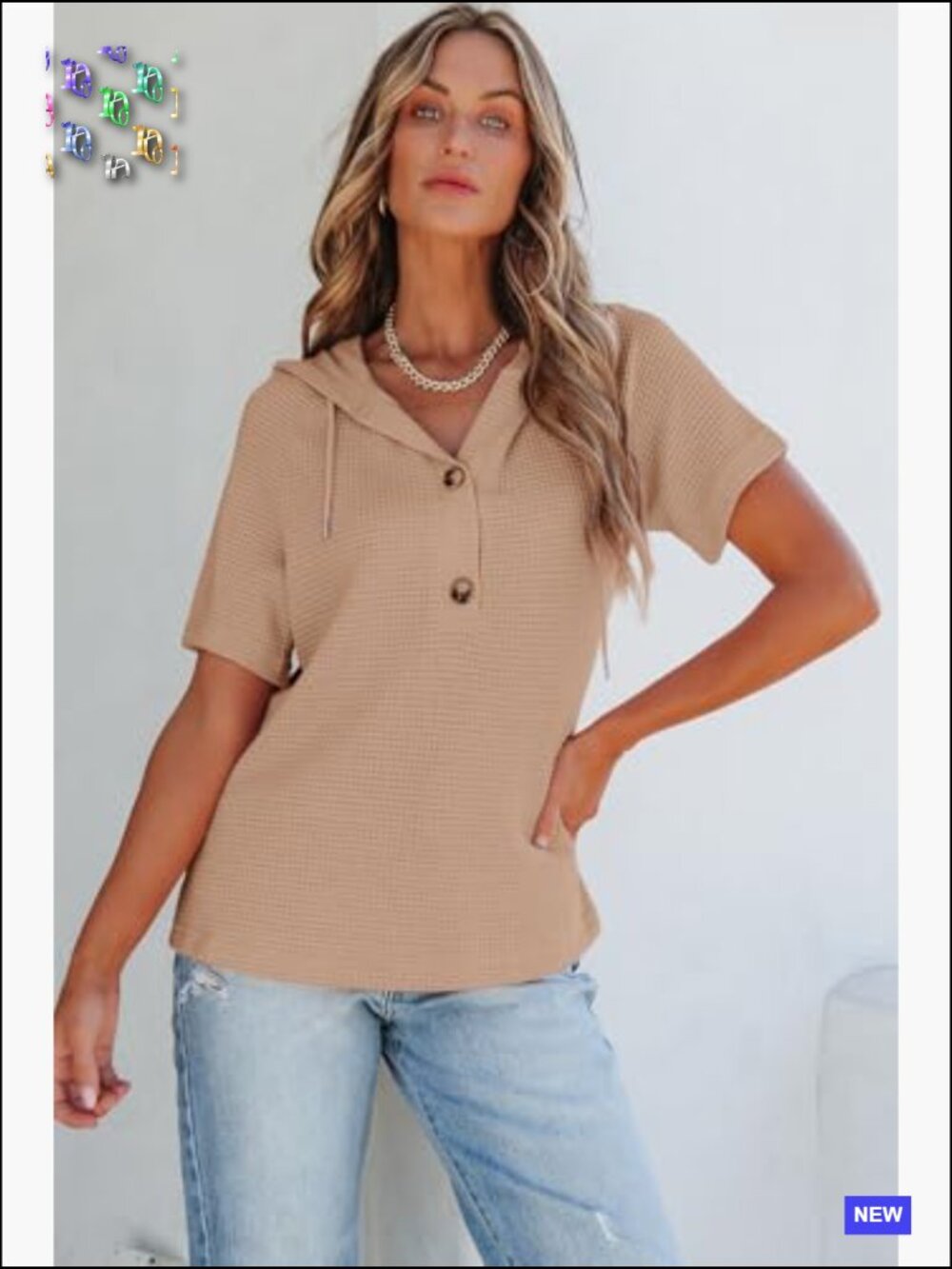 Waffle Knit Short Sleeve Hoodie Casual Button V Neck Lightweight Blouse - Picture 5 of 7